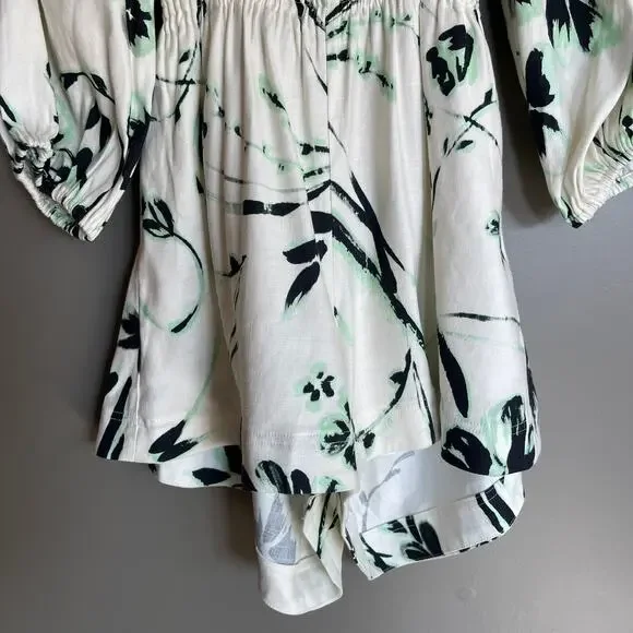 NWT Tanya Taylor‎ Stevie Romper Size Small Floral Linen Square Neck Puff Sleeve